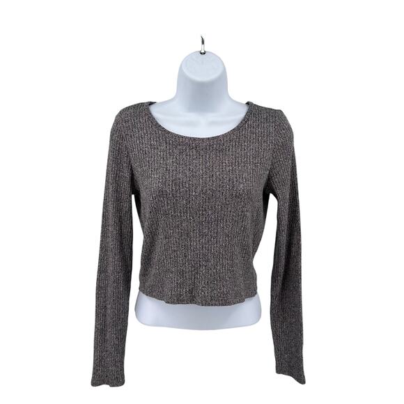 American Eagle T-Shirt Gray Womens S Cropped Ribbed Knit Pullover Long Sleeve - Picture 1 of 9